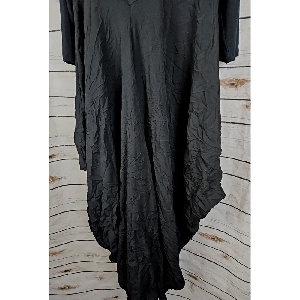 Comfy USA Black Lantern Midi Dress L Lagenlook Crinkle Mixed Media Womens